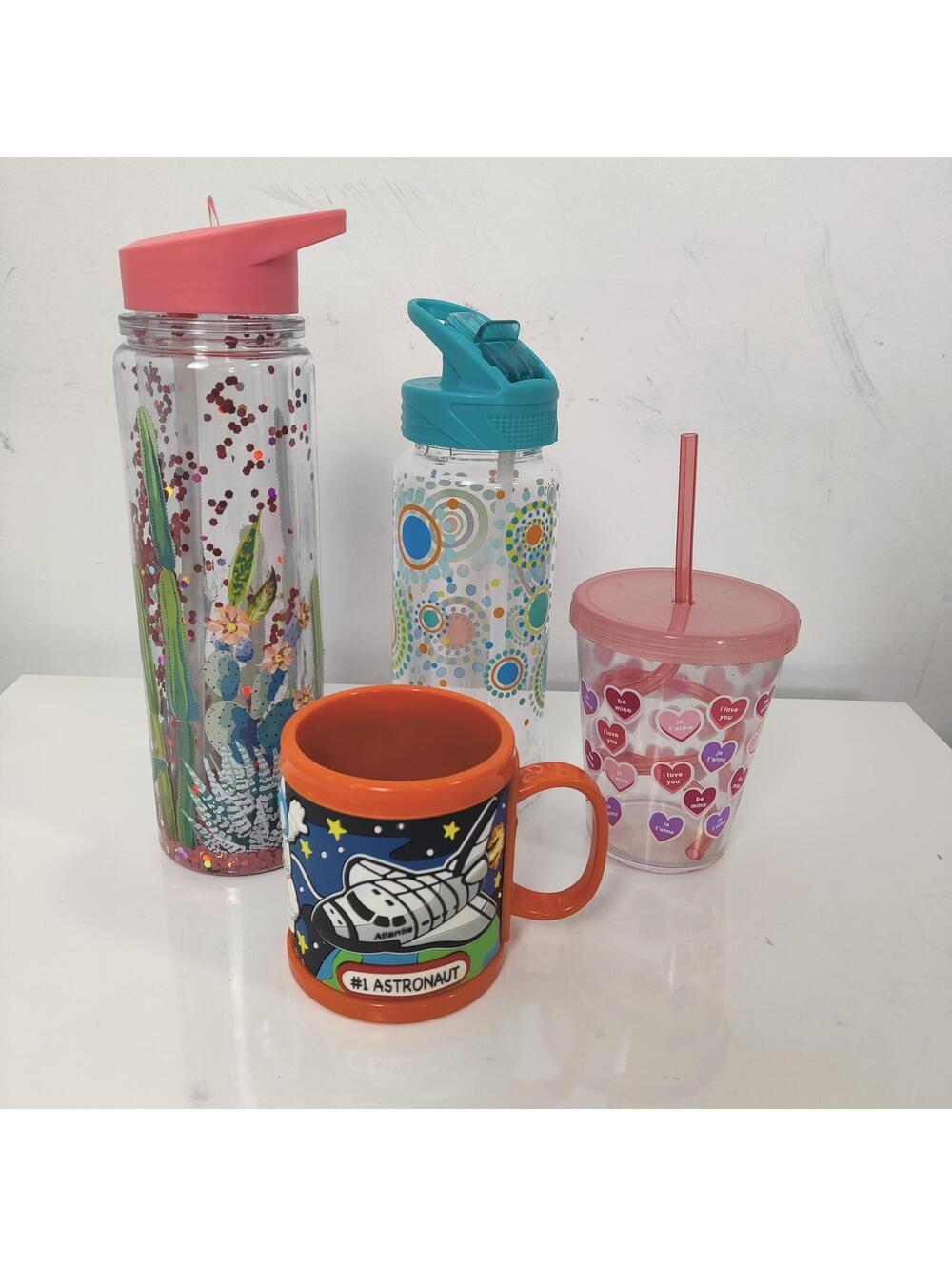 Kids Water Bottle Tumbler Mug Lot Astronaut Hearts Cactus